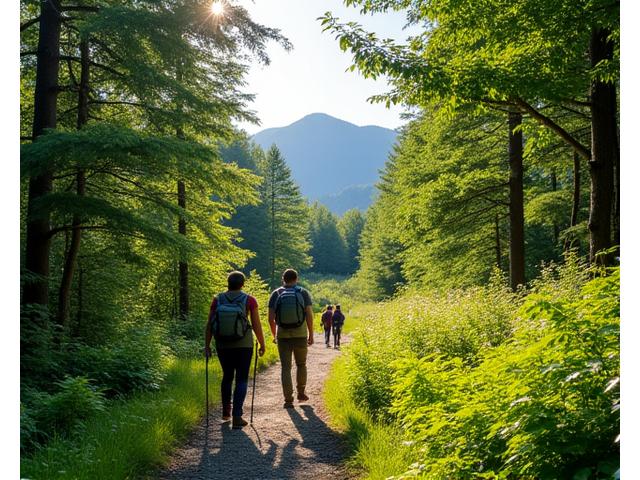 ニセコの美しい山道をハイキングする人々